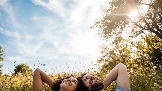 Mixed Race Couple Relaxing on Grass During Summer Solstice