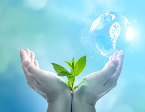 Hands Holding Green Leaf Plant with Digital Earth and Dna Tree Icon in Sky - Powered by Adobe