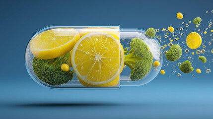 Vibrant, surreal image of a transparent capsule filled with lemon slices and broccoli, evoking freshness, nutrition, and wellness set against a modern blue background.