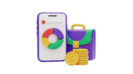 3D Business and Finance Icons: Smartphone, Briefcase, and Coins