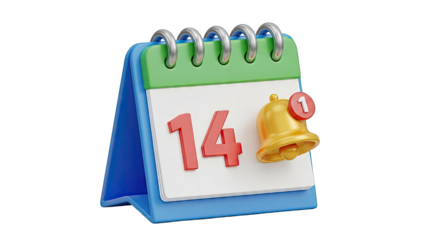 3D Calendar Icon with Notification Bell and Date 14