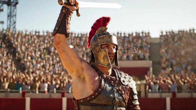 Man as gladiator raising sword in ancient roman arena with cheering crowd. Warrior in plumed helmet and armor preparing strike. Historical battle reenactment documentary footage.