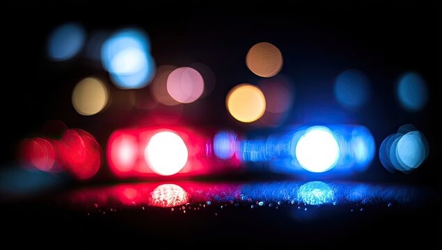 Blurry night scene with red & blue emergency lights flashing, reflecting