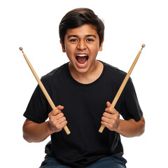 A young boy enthusiastically holding drumsticks on transparent background