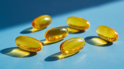 Yellow Soft Gel Capsules Scattered On Blue Background For Health, Wellness, And Nutrition