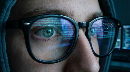 Concept of digital security and future technology with code reflection in glasses.