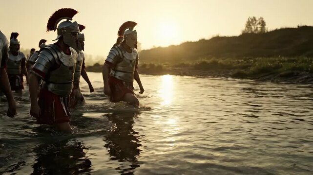Male roman soldiers in armor wade through a river at sunset for historical reenactment footage.