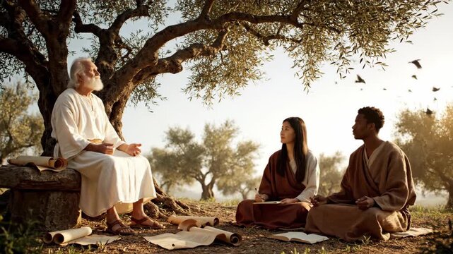 Old man teaching woman and man in robes outdoors under a tree, sharing ancient wisdom and knowledge, footage.