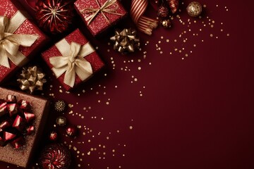 christmas background with red and gold gift boxes, ribbons, and decorations on a burgundy background christmas concept banner with copy space for text Generative AI