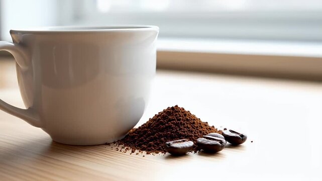 Freshly brewed coffee beans and grounds beside a white ceramic mug evoking a cozy morning ritual with natural light and a minimalist aesthetic