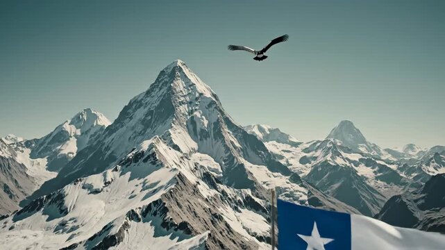 Andean condor soaring over Chilean Andes mountains. National bird flying near flag on snowy peak. Wildlife symbol and patriotism in majestic landscape.