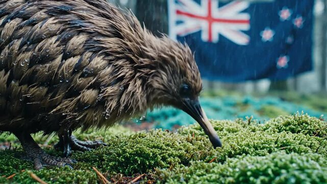 Kiwi bird exploring mossy forest ground near New Zealand flag. National animal symbol in native habitat with country emblem representing wildlife and patriotism.