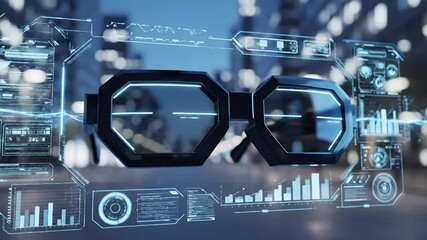 Futuristic augmented reality glasses display complex data visualizations over a blurred cityscape background representing innovation technology and the connected future of smart devices - Powered by Adobe