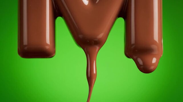 Chocolate Letter M Dripping on Green Background.