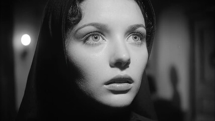 Woman in veiled close-up with evolving expressions. Mysterious gaze from side glance to intense look in shadowy vintage setting. Dramatic noir film sequence revealing emotion.