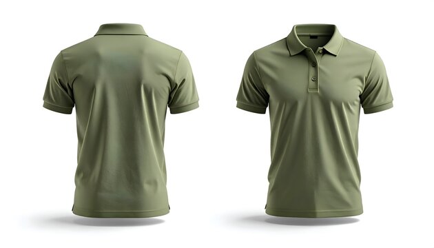 Olive polo shirt back  and front view mockup isolated on white background. Ideal for outdoor brands, fall winter uniforms, and casual corporate apparel.