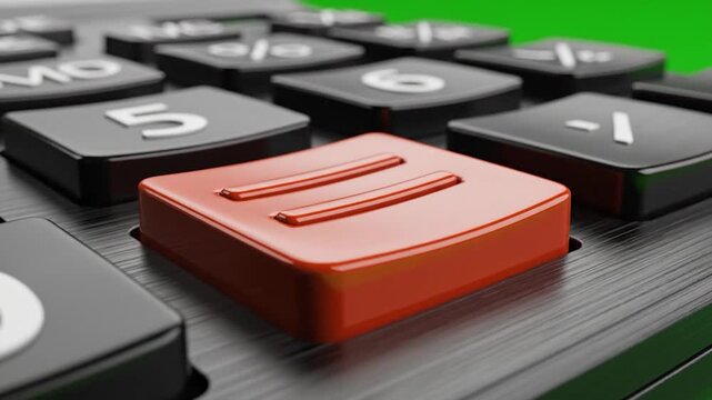 Close-up of a calculator with a prominent red equals button, symbolizing calculation and results.