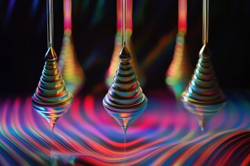 Colorful spinning tops creating mesmerizing patterns in an artistic display of motion