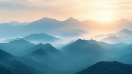 Fototapeta premium Asian mountain landscape at early year sunrise, soft golden morning light, misty valley, winter atmosphere without snow, pastel sky
