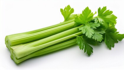 fresh green celery stalks with leaves isolated on a white background