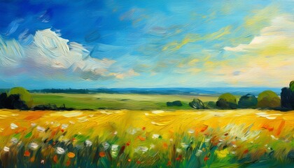 landscape with field and blue sky oil color painting generative ai