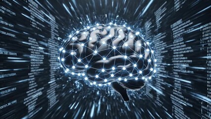 Futuristic digital brain concept visualizing artificial intelligence machine learning and neural networks with flowing binary code representing data streams and complex algorithms