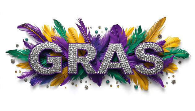 A colorful Mardi Gras graphic with rhinestone letters and feathers on a white background