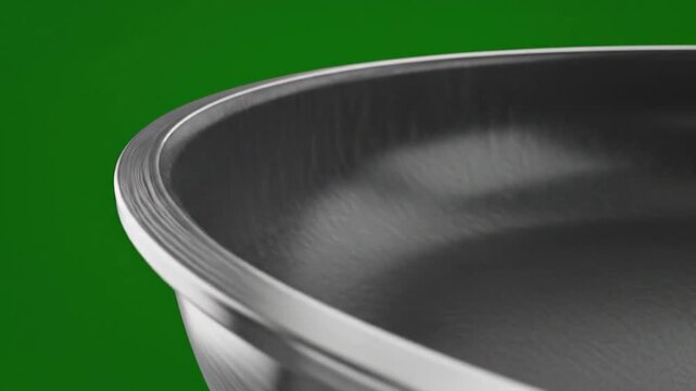 Close-up of a sleek, modern cooking pot against a vibrant green background, highlighting its metallic rim and dark interior.