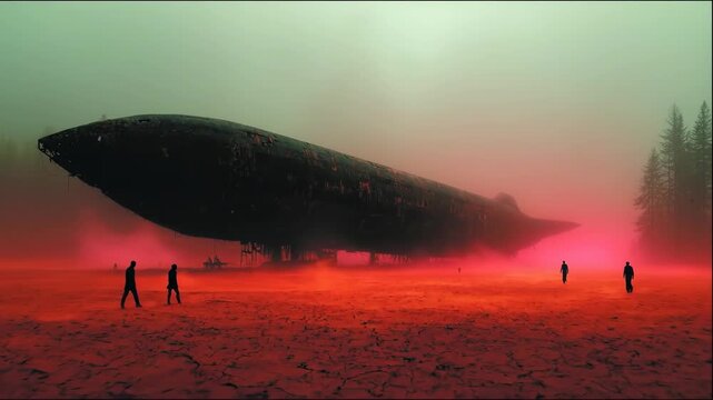 Mysterious UFO descending in foggy forest. People walk toward then run from hovering craft with red glow. Sci-fi alien encounter and extraterrestrial arrival scene.