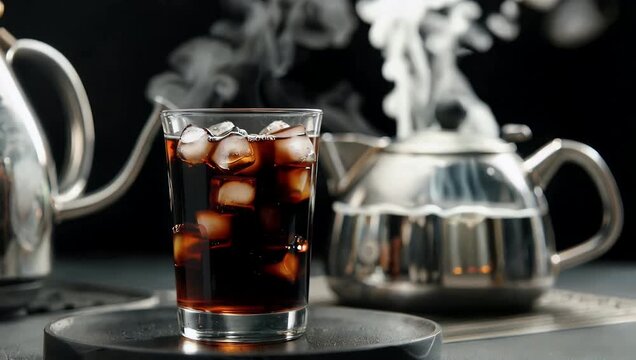 Cinematic visual contrast concept showing icy dark carbonated soda with floating ice cubes the foreground while steaming boiling water rises the background illustrating hot versus cold 