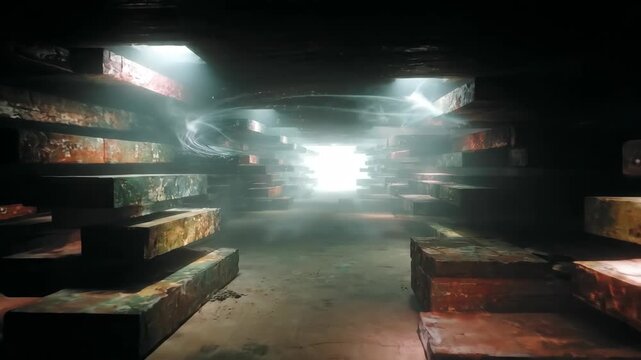 Misty corridor through stacked wooden crates in foggy warehouse. Atmospheric journey progressing toward central light source. Cinematic industrial exploration sequence.