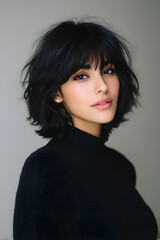 This elegant portrait features a captivating woman with striking dark hair. She wears a black turtleneck, highlighting her short style and bangs.