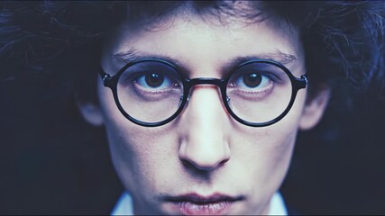 Man with curly hair and round glasses in close-up portrait. VHS glitch distortion effect on face. Retro 80s 90s video aesthetic for nostalgic media and digital interference concept. - Powered by Adobe