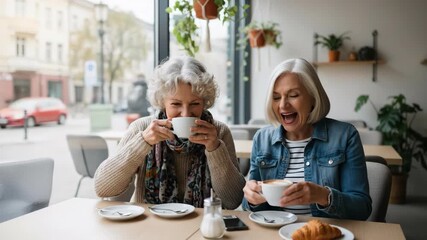 Older caucasian women friends chatting and laughing in cafe, enjoying coffee and croissant by the window, for friendship and social connection.