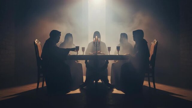 Five men in shrouded robes secretly convene around a table for a clandestine meeting in a dramatic, ritualistic setting.