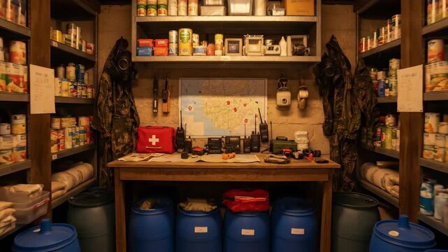 Bunker interior with survival supplies, food stockpile, and communication gear for conspiracy theory and preparedness concept