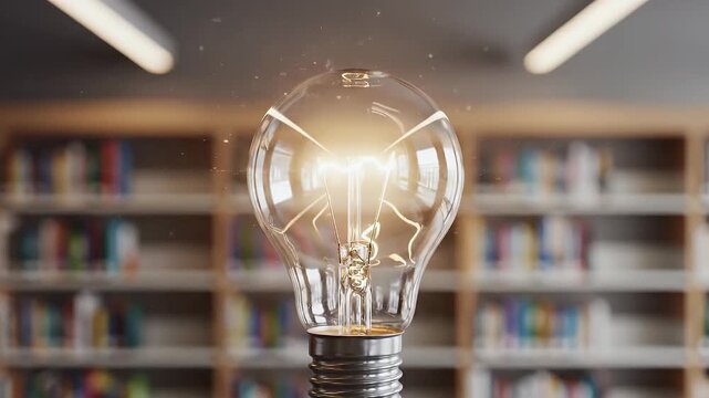 Glowing lightbulb bursting with brilliant ideas and innovation against a blurred library background symbolizing creativity knowledge and breakthrough moments