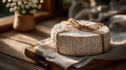 Handmade cheese wheel with textured rind, tied with rustic string and placed on linen cloth over a wooden surface, softly lit by warm afternoon light in a country kitchen setting.