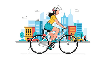 Modern vector illustration of young adult cycling through city street, sustainable transport, active urban living, and modern lifestyle concept