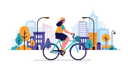 Modern vector illustration of young adult cycling through city street, sustainable transport, active urban living, and modern lifestyle concept