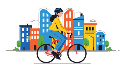 Modern vector illustration of young adult cycling through city street, sustainable transport, active urban living, and modern lifestyle concept