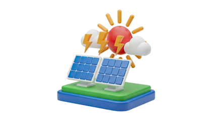 3D Cartoon Solar Panels with Sun and Lightning