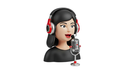 3D Cartoon Woman with Headphones Speaking into Microphone