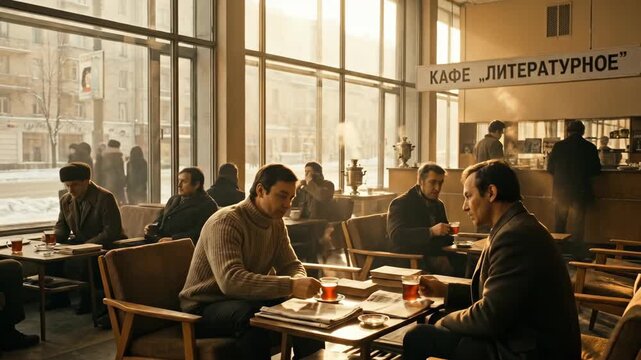Men talking and drinking tea in a Soviet cafe, a cozy atmosphere in winter, people walking outside