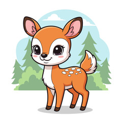 Cute cartoon fawn illustration, adorable baby deer character standing in a forest landscape, woodland animal vector for kids.