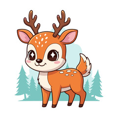 Cute cartoon baby deer illustration with sparkly eyes in a pine forest background.
