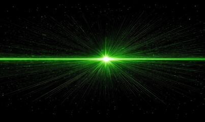 Bright green light explosion with starburst beams and scattered particles on dark background