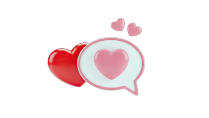 3D Speech bubble with heart and hearts icons on transparent background