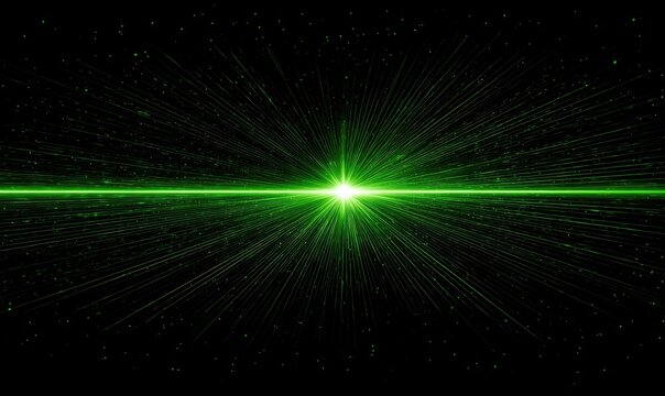 Bright green light explosion with starburst beams and scattered particles on dark background