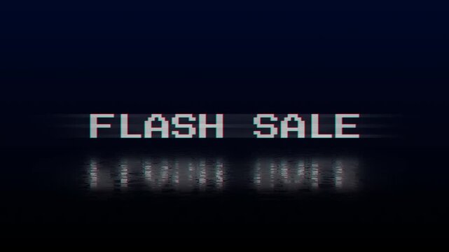 Flash sale glitch pixel retro text animation promotion discount suitable for online promotions, special offers, advertising campaigns, and digital marketing content.